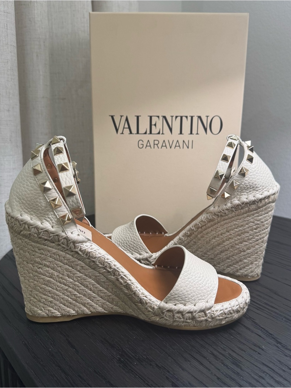 Valentino Garavani Rockstud Espadrille Wedge Sandals Ivory 37 - Picture 5 of 8